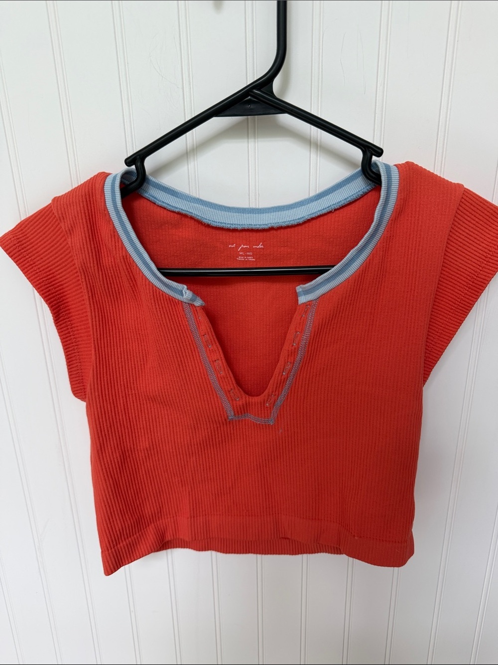 (194)Urban Outfitters Coral Ribbed Crop Top with Light Blue Trim